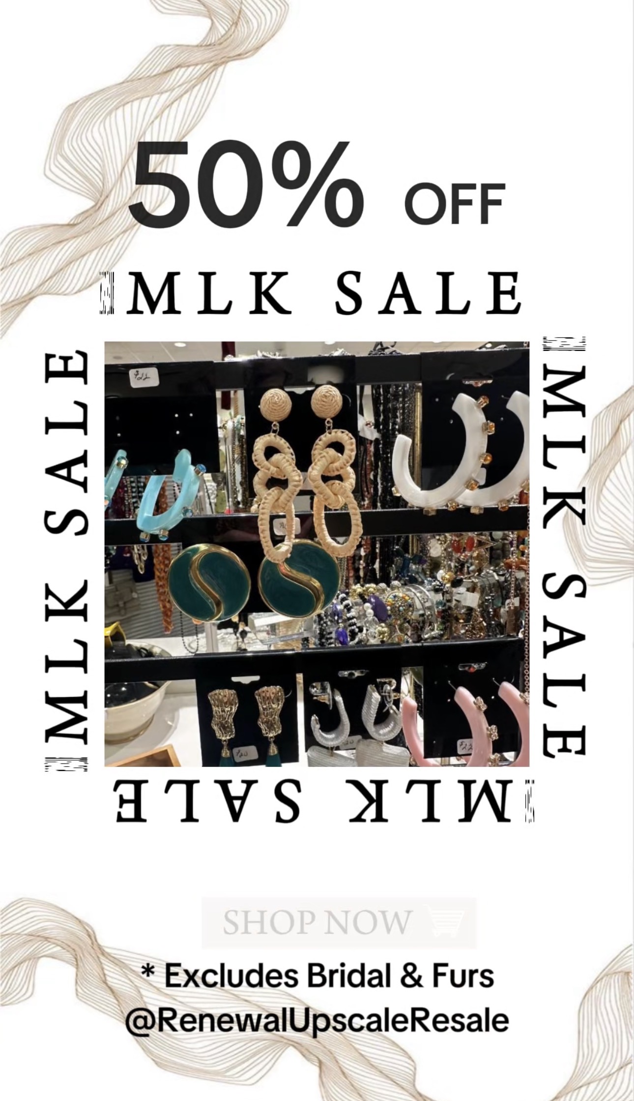 β¨ MLK Weekend Mega Sale β¨ 1/15 β 1/19 ποΈ Fabulous finds at unbelievable prices π ποΈ 50% off* almost everything *Excludes bridal and furs icon